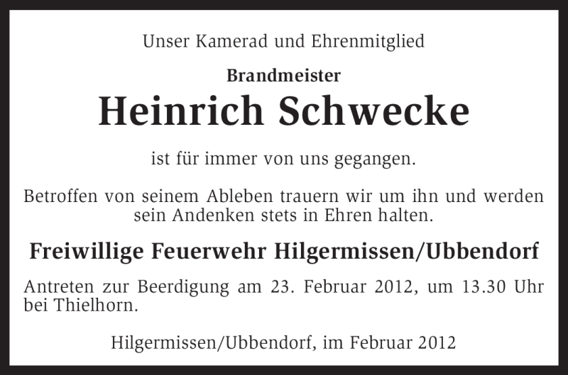  Traueranzeige für Heinrich Schwecke vom 20.02.2012 aus KREISZEITUNG SYKE