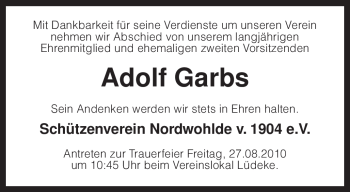 Traueranzeige von Adolf Garbs von KREISZEITUNG SYKE