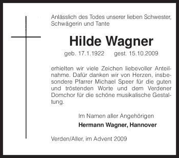 Traueranzeige von Hilde Wagner von KREISZEITUNG SYKE