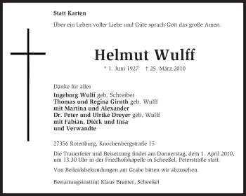 Traueranzeige von Helmut Wulff von KREISZEITUNG SYKE