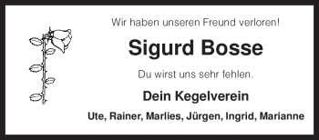 Traueranzeige von Sigurd Bosse von KREISZEITUNG SYKE