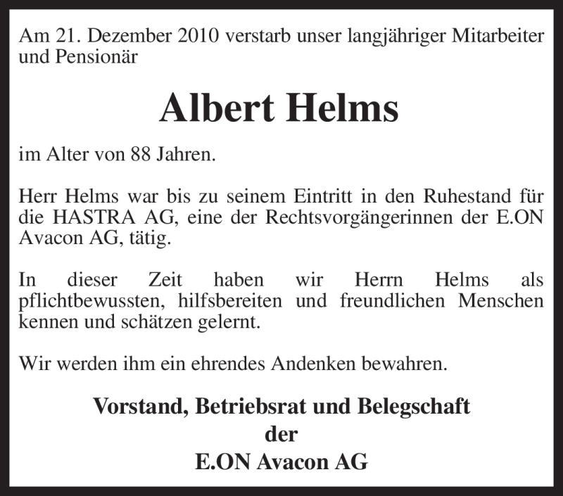  Traueranzeige für Albert Helms vom 27.12.2010 aus KREISZEITUNG SYKE