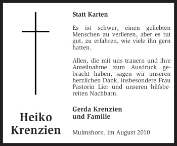 Traueranzeige von Heiko Krenzien von KREISZEITUNG SYKE