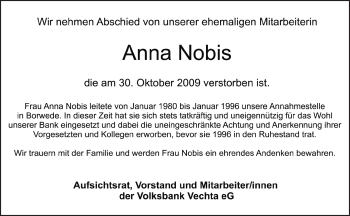 Traueranzeige von Anna Nobis von KREISZEITUNG SYKE