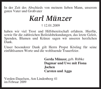 Traueranzeige von Karl Münzer von KREISZEITUNG SYKE