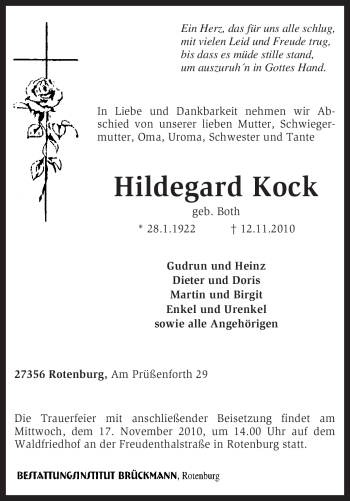 Traueranzeige von Hildegard Kock von KREISZEITUNG SYKE