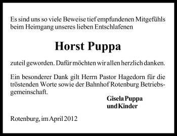 Traueranzeige von Horst Puppa von KREISZEITUNG SYKE