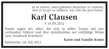 Traueranzeige von Karl Clausen von KREISZEITUNG SYKE