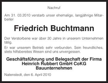 Traueranzeige von Friedrich Buchtmann von KREISZEITUNG SYKE