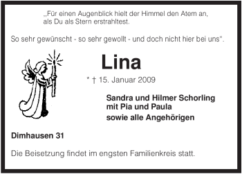 Traueranzeige von Lina Schorling von KREISZEITUNG SYKE