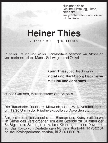 Traueranzeige von Heiner Thies von KREISZEITUNG SYKE