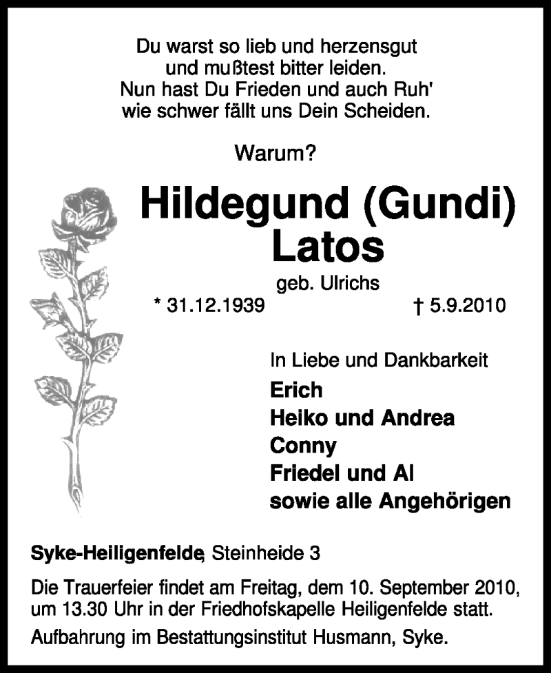  Traueranzeige für Hildegund Latos vom 07.09.2010 aus KREISZEITUNG SYKE