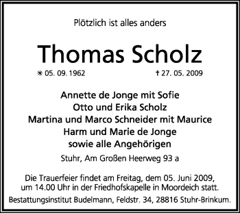 Traueranzeige von Thomas Scholz von KREISZEITUNG SYKE