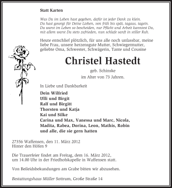 Traueranzeige von Christel Hastedt von KREISZEITUNG SYKE