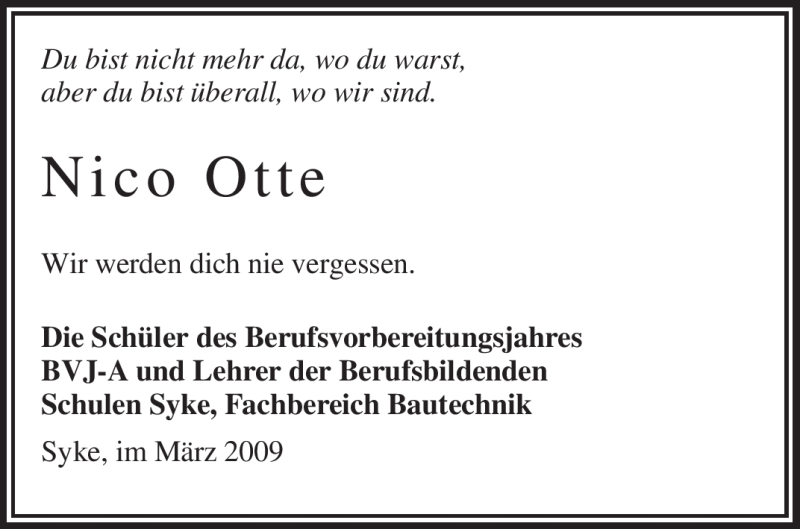  Traueranzeige für Nico Otte vom 18.03.2009 aus KREISZEITUNG SYKE