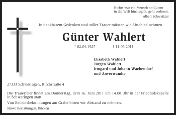 Traueranzeige von Günter Wahlert von KREISZEITUNG SYKE