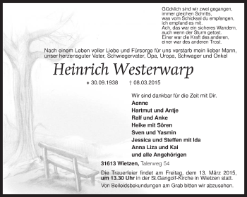 Traueranzeige von Heinrich Westerwarp von KRZ