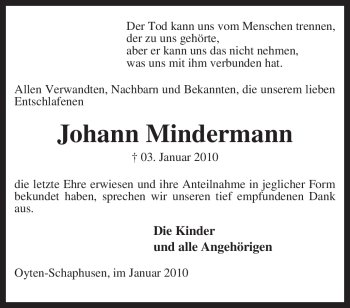 Traueranzeige von Johann Mindermann von KREISZEITUNG SYKE