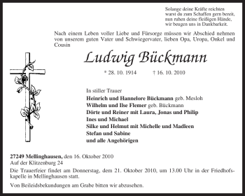 Traueranzeige von Ludwig Bückmann von KREISZEITUNG SYKE