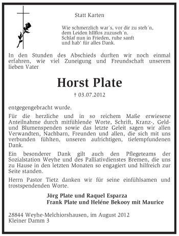 Traueranzeige von Horst Plate von KREISZEITUNG SYKE