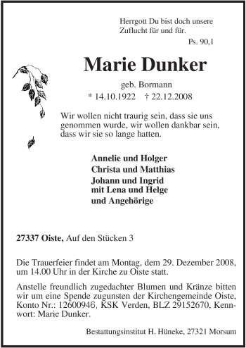 Traueranzeige von Marie Dunker von KREISZEITUNG SYKE