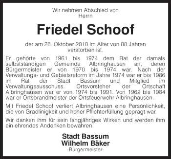 Traueranzeige von Friedel Schoof von KREISZEITUNG SYKE