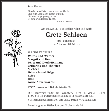 Traueranzeige von Grete Schloen von KREISZEITUNG SYKE