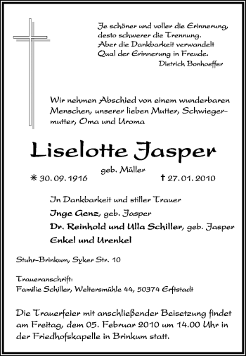 Traueranzeige von Liselotte Jasper von KREISZEITUNG SYKE