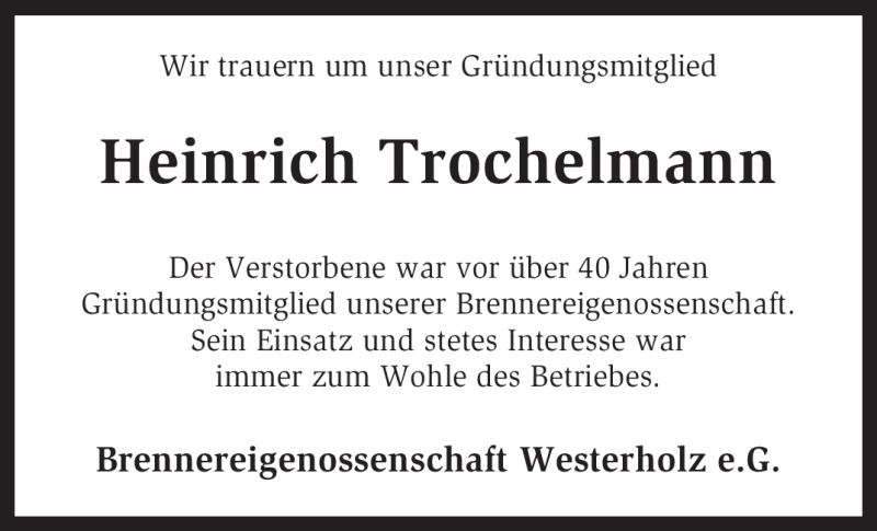  Traueranzeige für Heinrich Trochelmann vom 05.04.2012 aus KREISZEITUNG SYKE