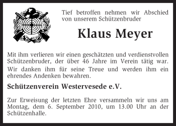 Traueranzeige von Klaus Meyer von KREISZEITUNG SYKE