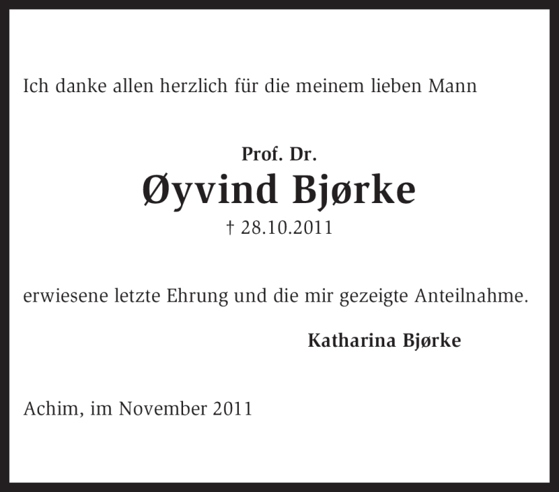  Traueranzeige für Øyvind Bjørke vom 19.11.2011 aus KREISZEITUNG SYKE