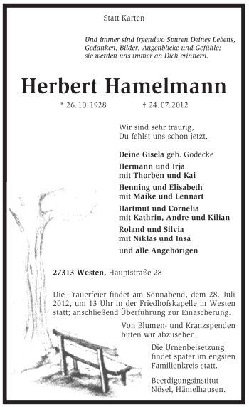 Traueranzeige von Herbert Hamelmann von KREISZEITUNG SYKE