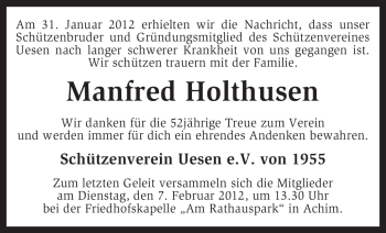 Traueranzeige von Manfred Holthusen von KREISZEITUNG SYKE