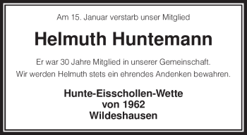 Traueranzeige von Helmuth Huntemann von KREISZEITUNG SYKE