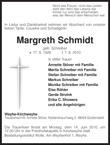 Traueranzeige von Margreth Schmidt von KREISZEITUNG SYKE