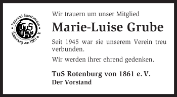 Traueranzeige von Marie-Luise Grube von KREISZEITUNG SYKE