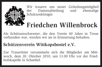 Traueranzeige von Friedchen Willenbrock von KREISZEITUNG SYKE