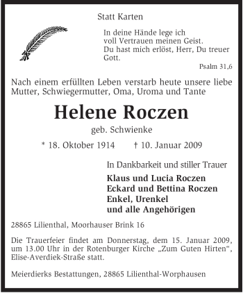 Traueranzeige von Helene Roczen von KREISZEITUNG SYKE