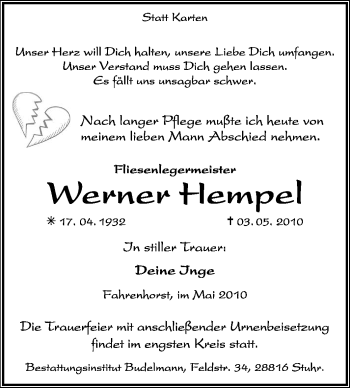 Traueranzeige von Werner Hempel von KREISZEITUNG SYKE