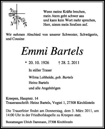 Traueranzeige von Emmi Bartels von KREISZEITUNG SYKE