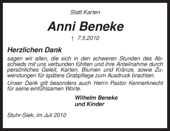 Traueranzeige von Anni Beneke von KREISZEITUNG SYKE