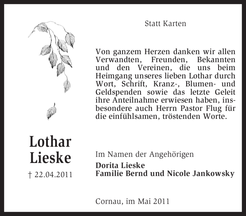  Traueranzeige für Lothar Lieske vom 28.05.2011 aus KREISZEITUNG SYKE