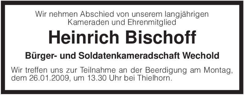  Traueranzeige für Heinrich Bischoff vom 22.01.2009 aus KREISZEITUNG SYKE