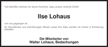 Traueranzeige von Ilse Lohaus von KREISZEITUNG SYKE