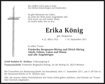 Traueranzeige von Erika König von KREISZEITUNG SYKE