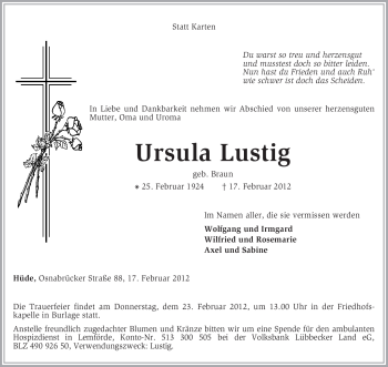 Traueranzeige von Ursula Lustig von KREISZEITUNG SYKE