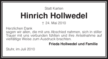 Traueranzeige von Hinrich Hollwedel von KREISZEITUNG SYKE