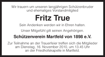 Traueranzeige von Fritz True von KREISZEITUNG SYKE