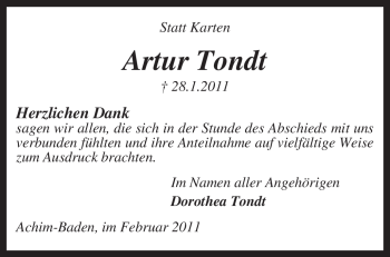 Traueranzeige von Artur Tondt von KREISZEITUNG SYKE