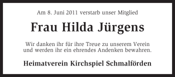 Traueranzeige von Hilda Jürgens von KREISZEITUNG SYKE